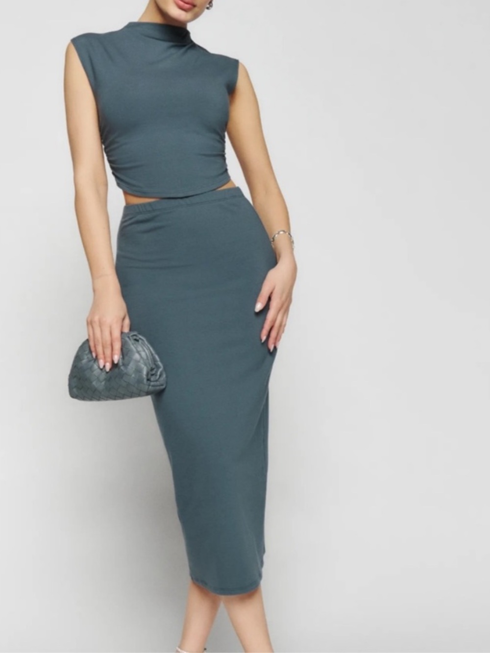 Reformation Foster Slate Blue High-Waist Knit Midi Skirt Size S